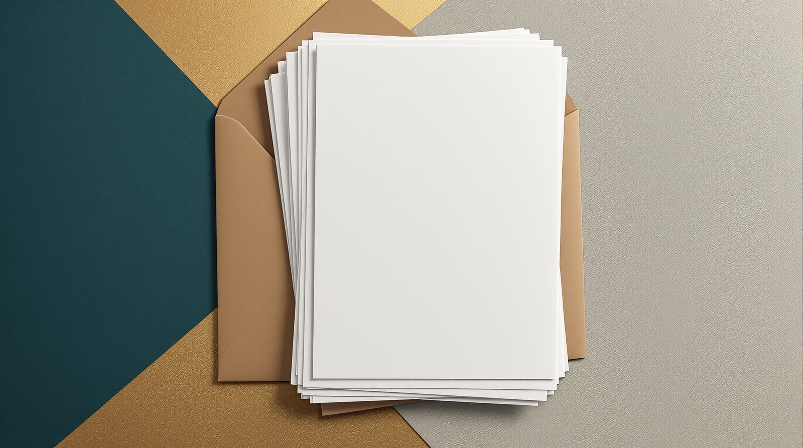 Overhead flat-lay of blank folded leaflets and photocopied sheets on a linen surface